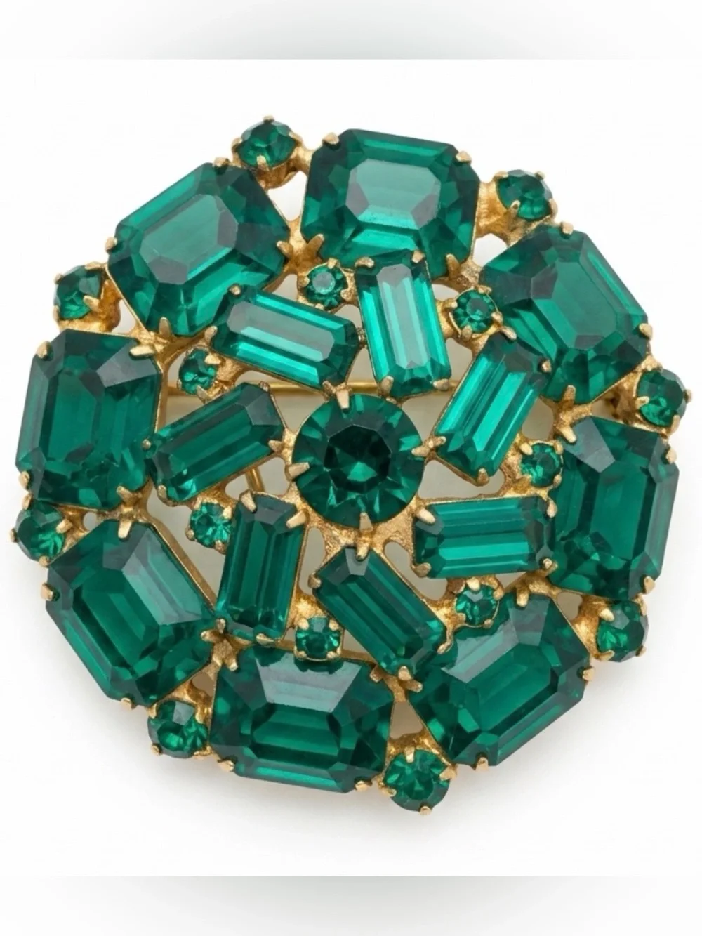 Vintage Weiss Emerald‎ Green Rhinestone Brooch Mid Century Statement Jewelry